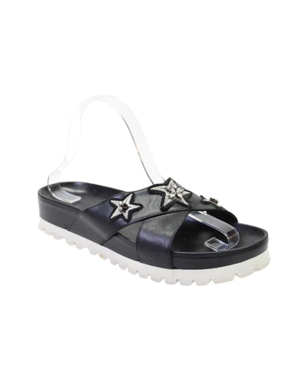 Eddy Daniele Womens Cross Strap Crystal Triple Star Sandals Black Leather 40